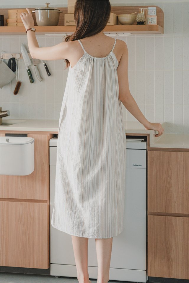 ACW Pinstripe Curve Neckline Midi Dress in Brown 