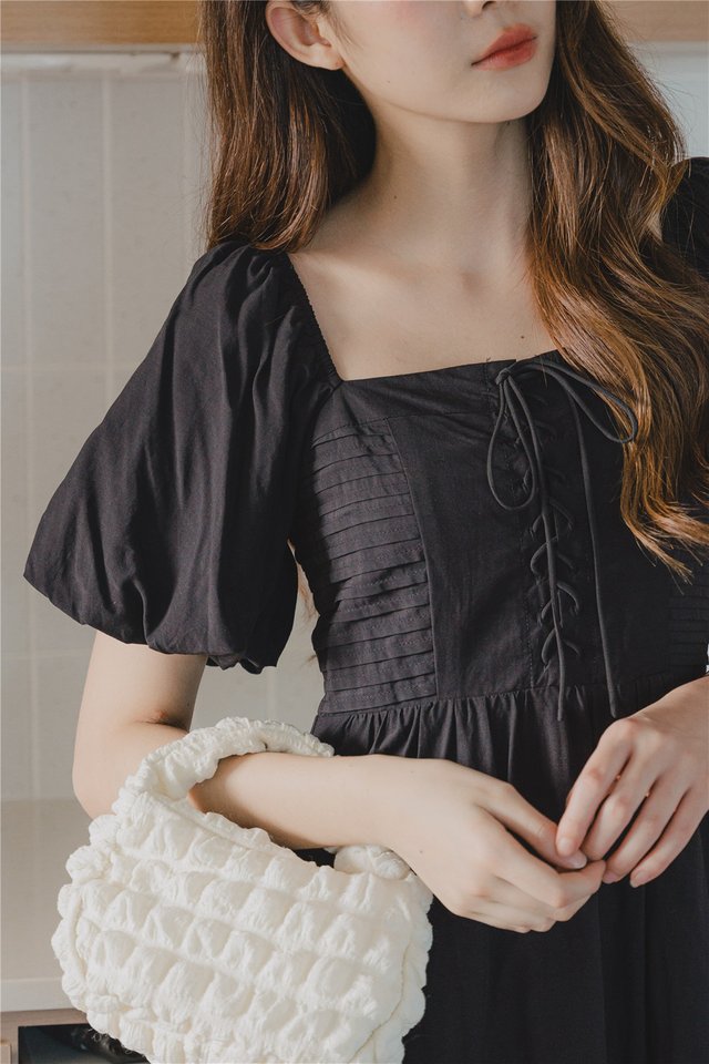 Square Neck Lace Tie Midi Dress in Black 