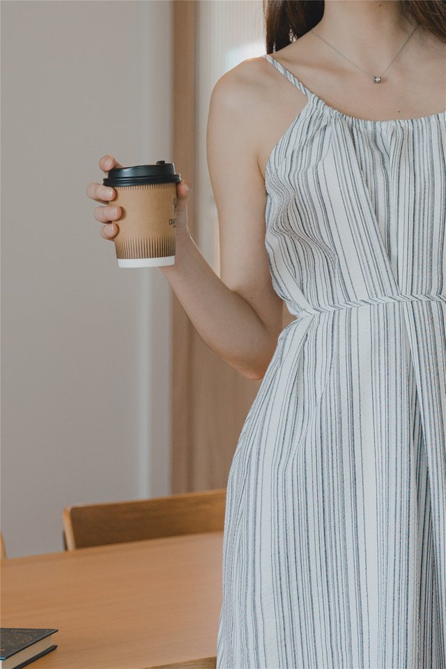 ACW Pinstripe Curve Neckline Midi Dress in Black