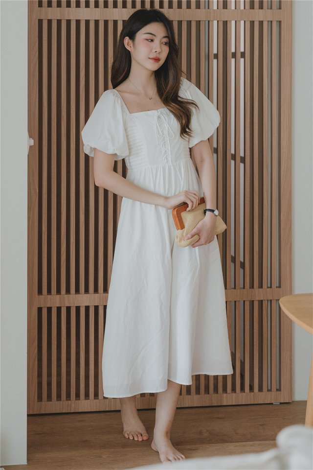 Square Neck Lace Tie Midi Dress in White