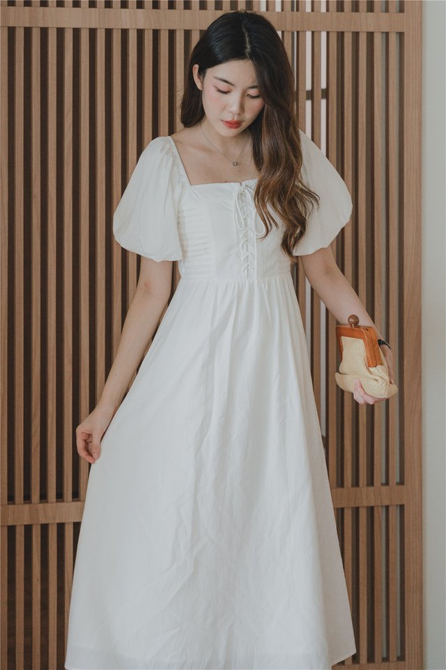 Square Neck Lace Tie Midi Dress in White