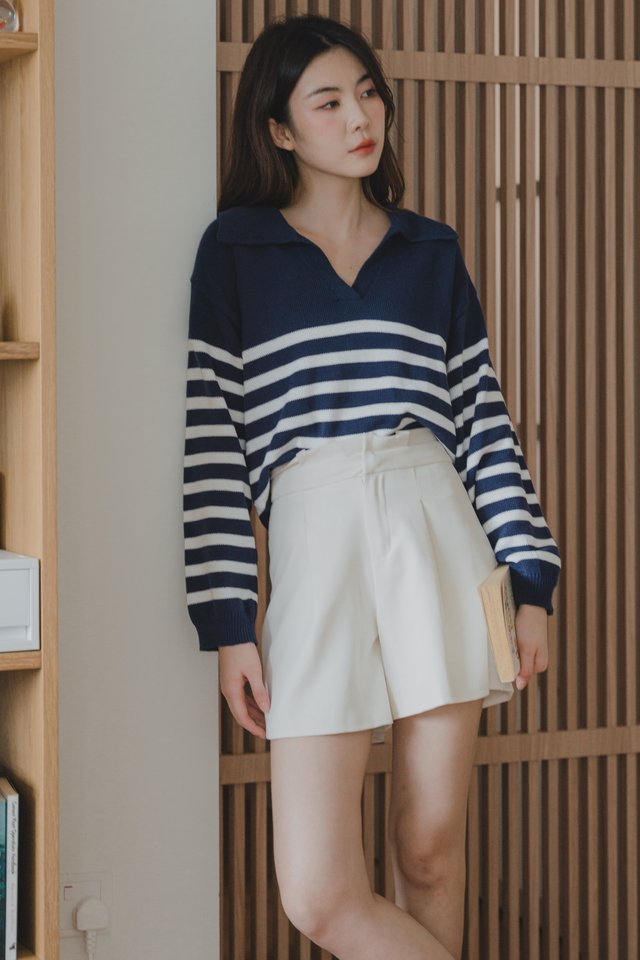 ACW Striped Collar Slouchy Knit Sweater in Navy 