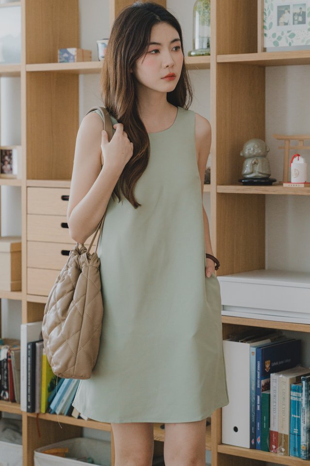 Bow Back Panel Padded Shift Dress in Seafoam