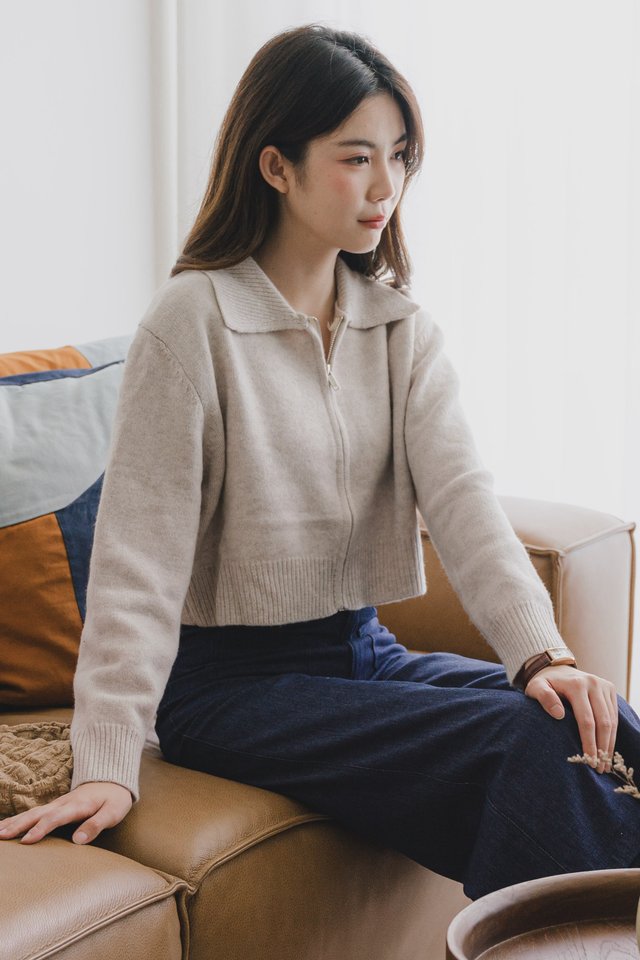 ACW Collar Zipper Crop Sweater in Soft Grey
