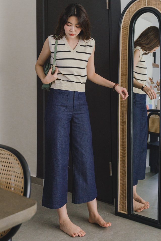 ACW Striped Cuffed V Neck Knit Top in Ivory