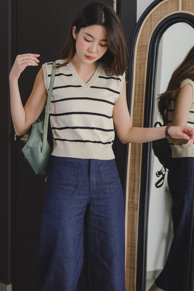 ACW Striped Cuffed V Neck Knit Top in Ivory