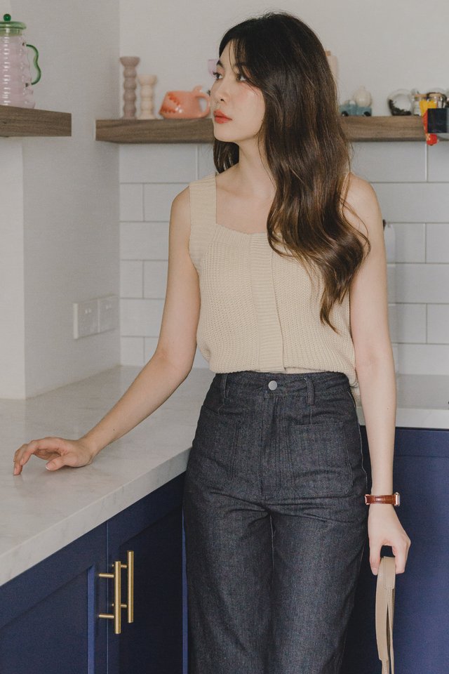 ACW Square Neck Panel Thick Strap Knit Top in Ivory