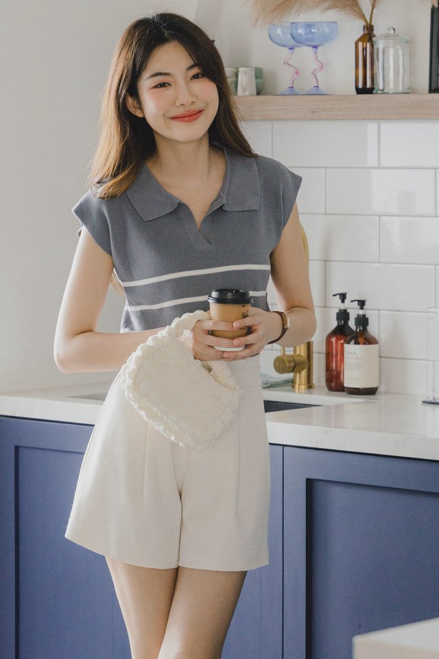 ACW Striped Slouchy Knit Collar Top in Dark Grey
