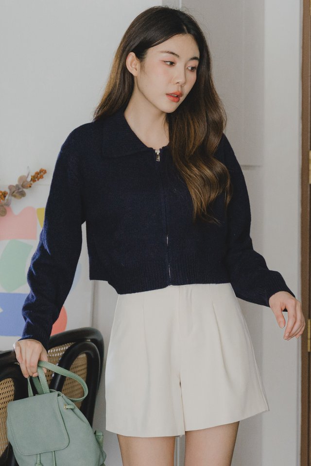 ACW Collar Zipper Crop Sweater in Navy