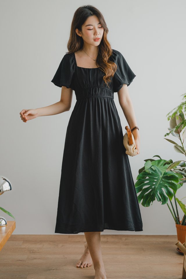 Ruched Waist Panel Puff Sleeve Midi Dress in Black 
