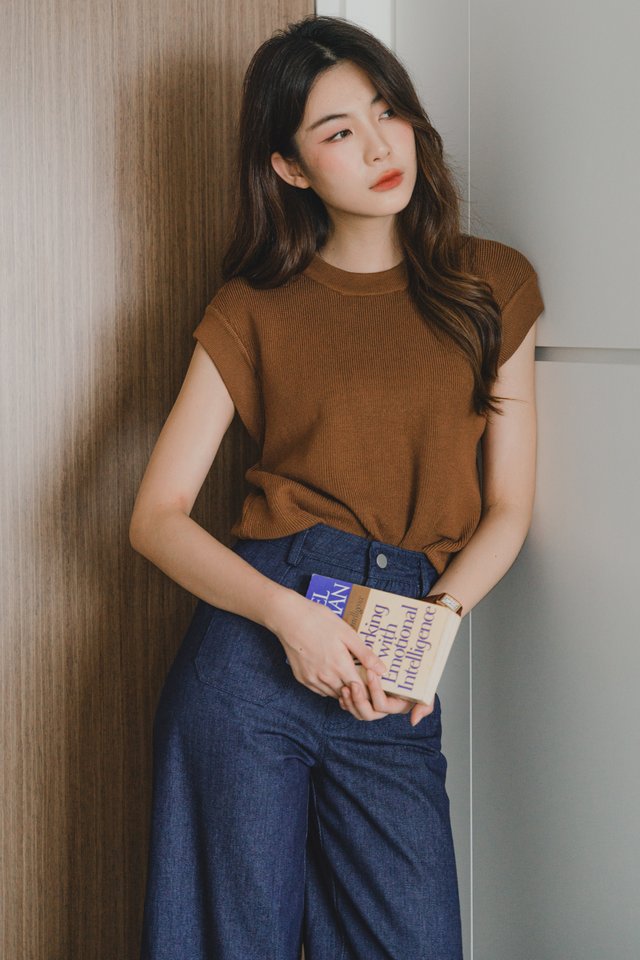 ACW Cuff Sleeve Panel Knit Top in Brown