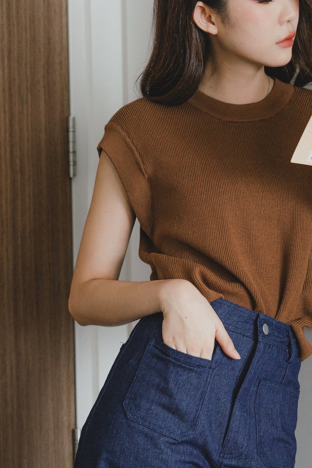 ACW Cuff Sleeve Panel Knit Top in Brown