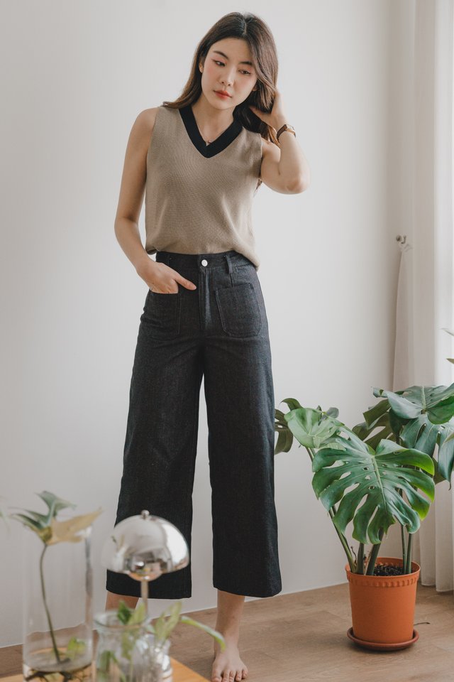 ACW Colourblock Panel V Neck Knit Top in Sand 
