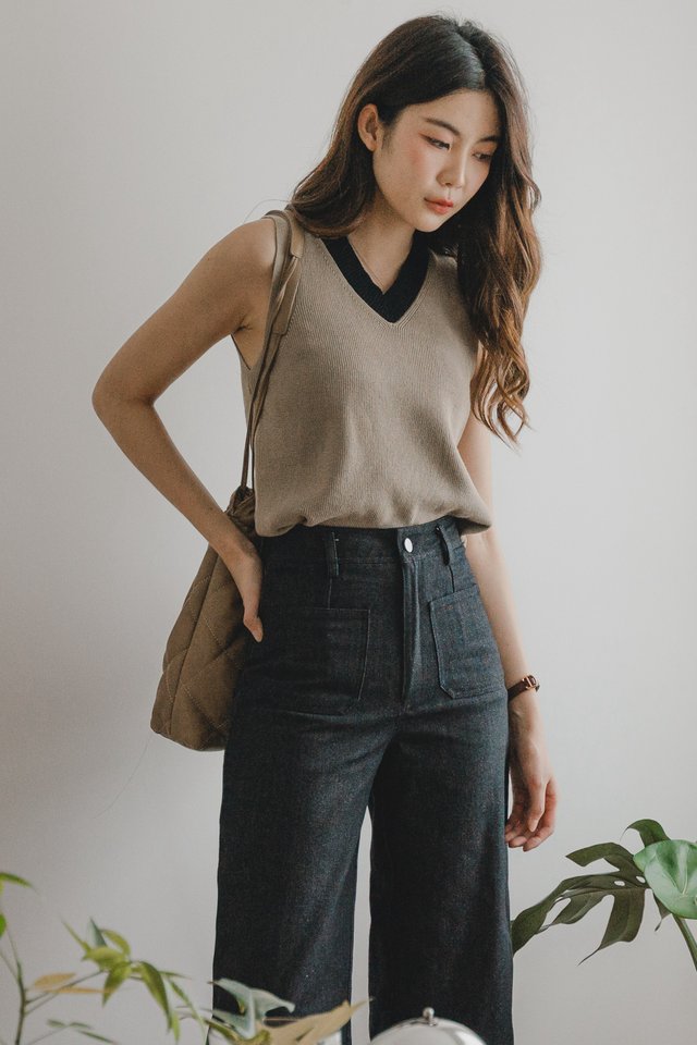 ACW Colourblock Panel V Neck Knit Top in Sand 