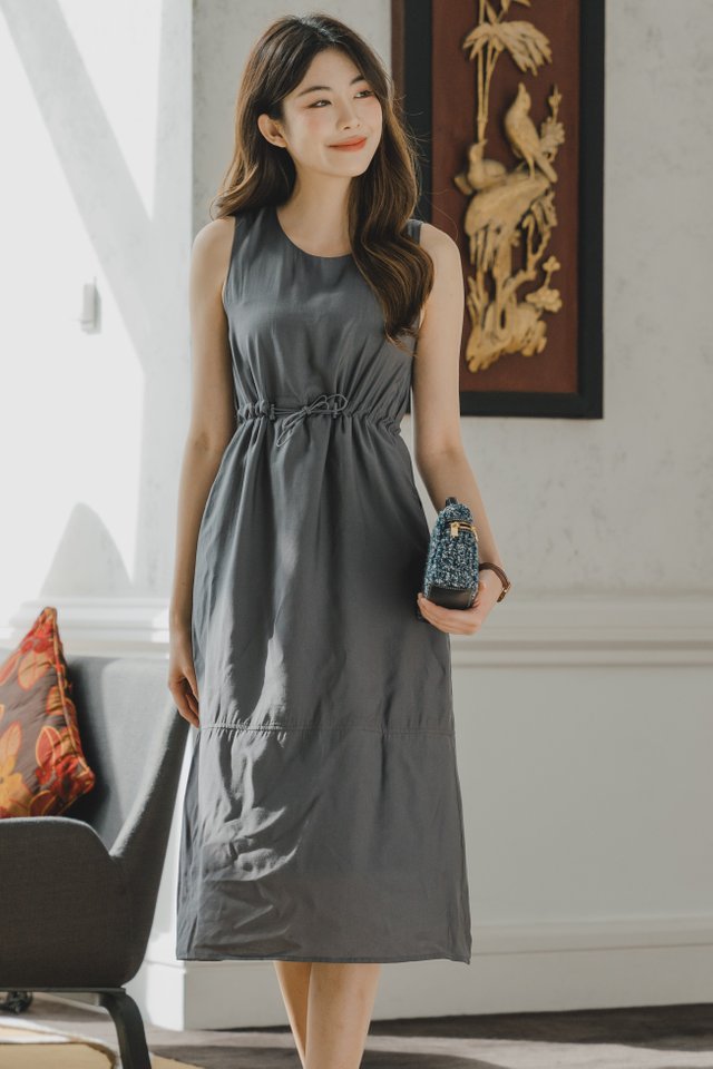 ACW Elastic Adjustable Drawstring Midi Dress in Dark Grey