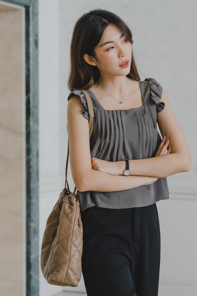 ACW Pintuck Flutter Sleeve Top in Dark Grey