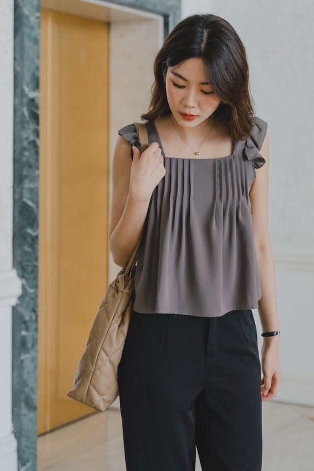 ACW Pintuck Flutter Sleeve Top in Dark Grey