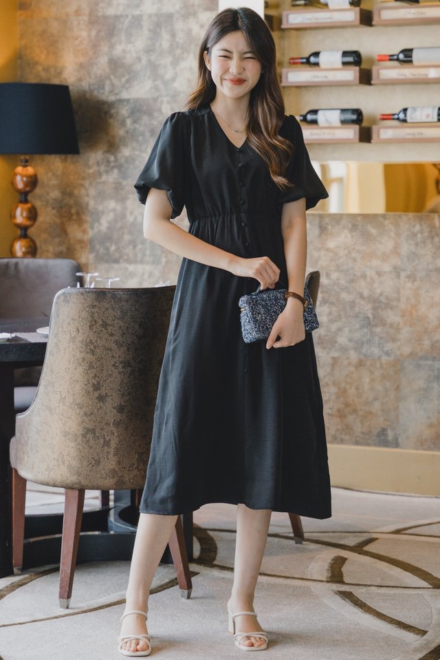 ACW Balloon Puff Sleeve Button Panel Midi Dress in Black