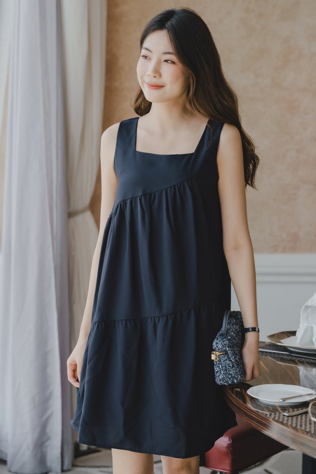 ACW Diagonal Lines Square Neck Mini Dress in Navy