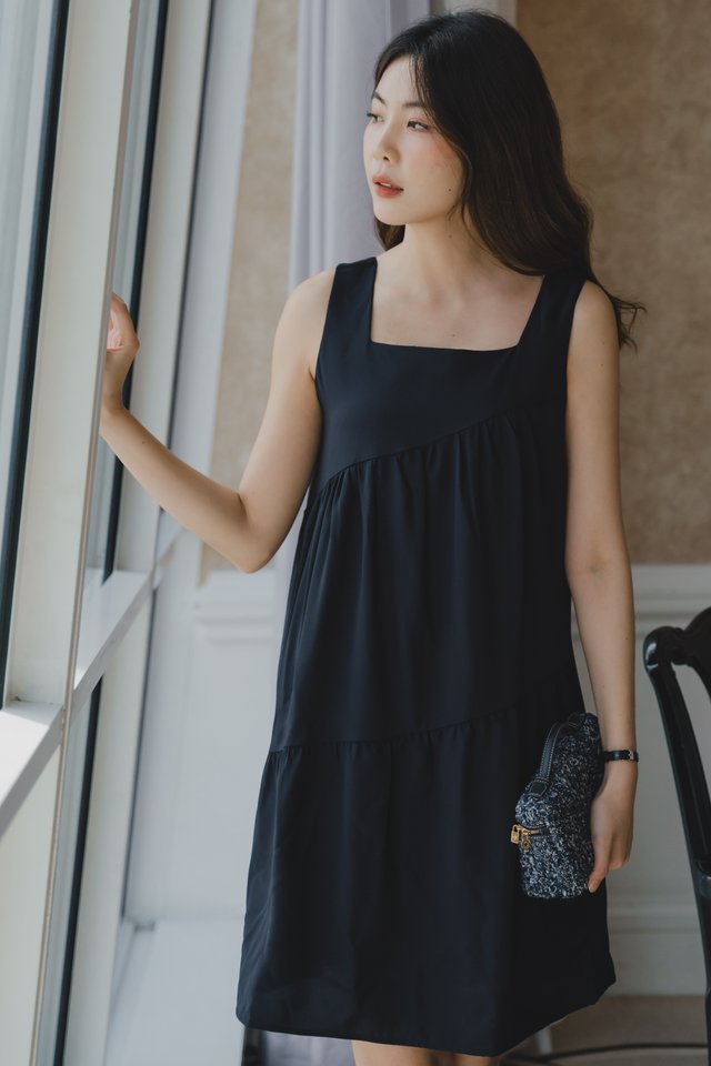 ACW Diagonal Lines Square Neck Mini Dress in Navy