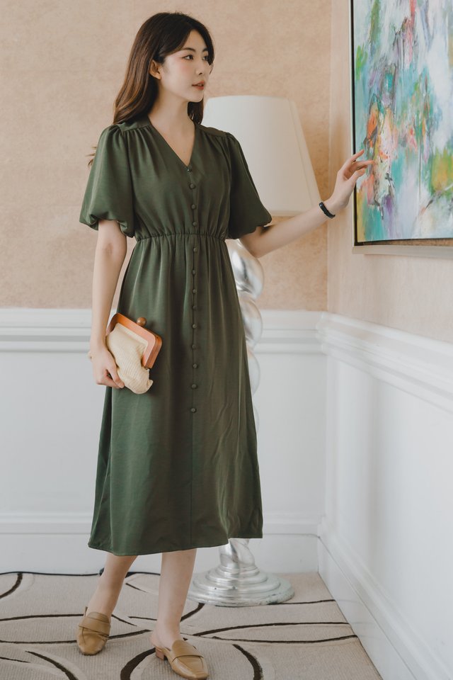 ACW Balloon Puff Sleeve Button Panel Swing Midi Dress in Olive