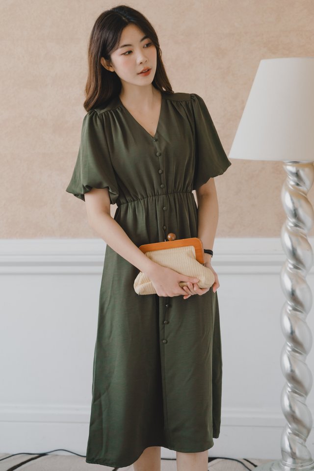 ACW Balloon Puff Sleeve Button Panel Swing Midi Dress in Olive