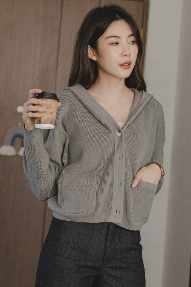 ACW Knit Hoodie Button Down Sweater in Moss Grey