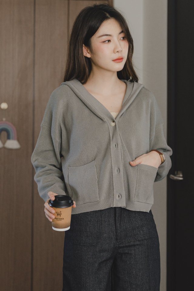 ACW Knit Hoodie Button Down Sweater in Moss Grey