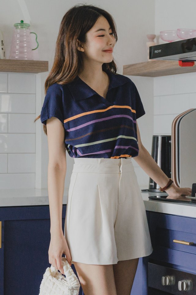 ACW Coloured Stripes Collar Knit Top in Navy
