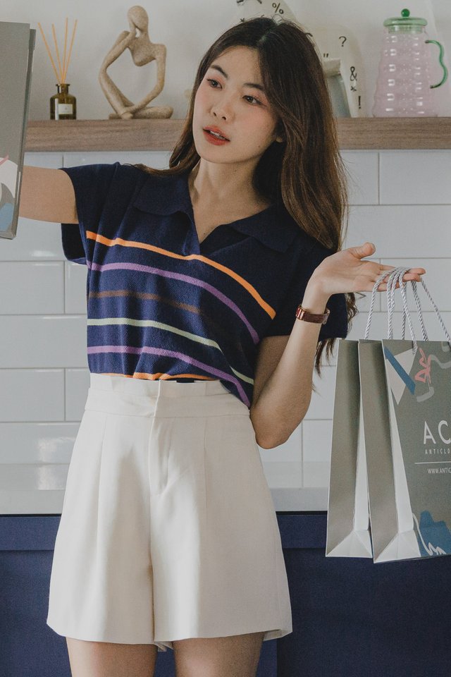 ACW Coloured Stripes Collar Knit Top in Navy