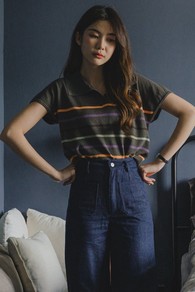 ACW Coloured Stripes Collar Knit Top in Olive