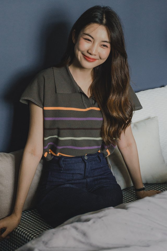 ACW Coloured Stripes Collar Knit Top in Olive