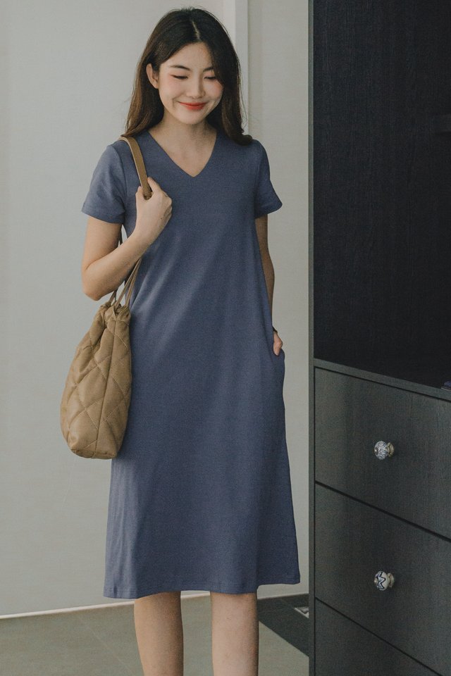 ACW V Neck Knit Midi Dress in Ash Blue