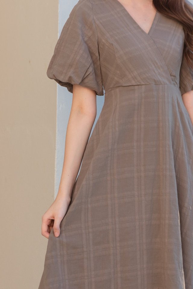 ACW Textured Panel Balloon Sleeve Midi Swing Dress in Olive