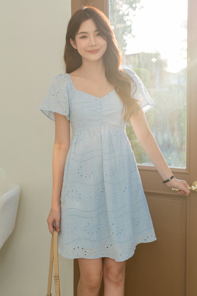 ACW Eyelet Ruch Babydoll Smock Dress in Sky