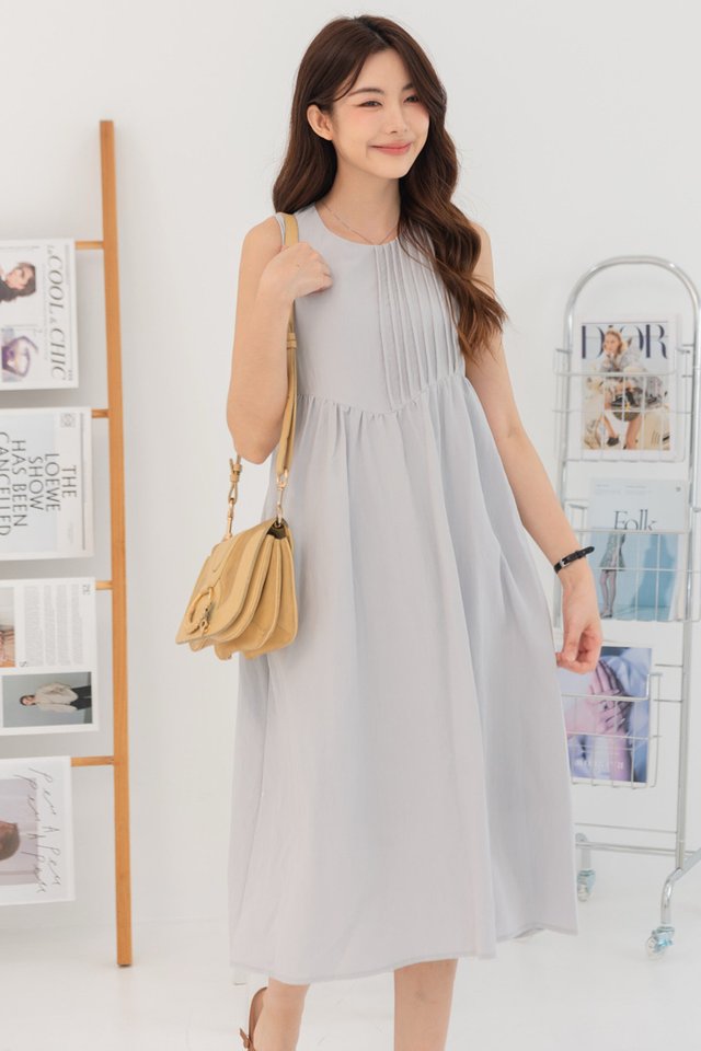 ACW Side Pleat Panel Babydoll Midi Swing Dress in Sky
