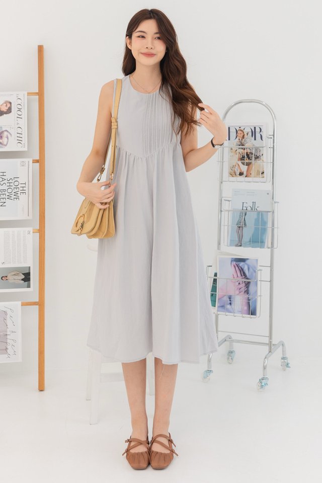 ACW Side Pleat Panel Babydoll Midi Swing Dress in Sky