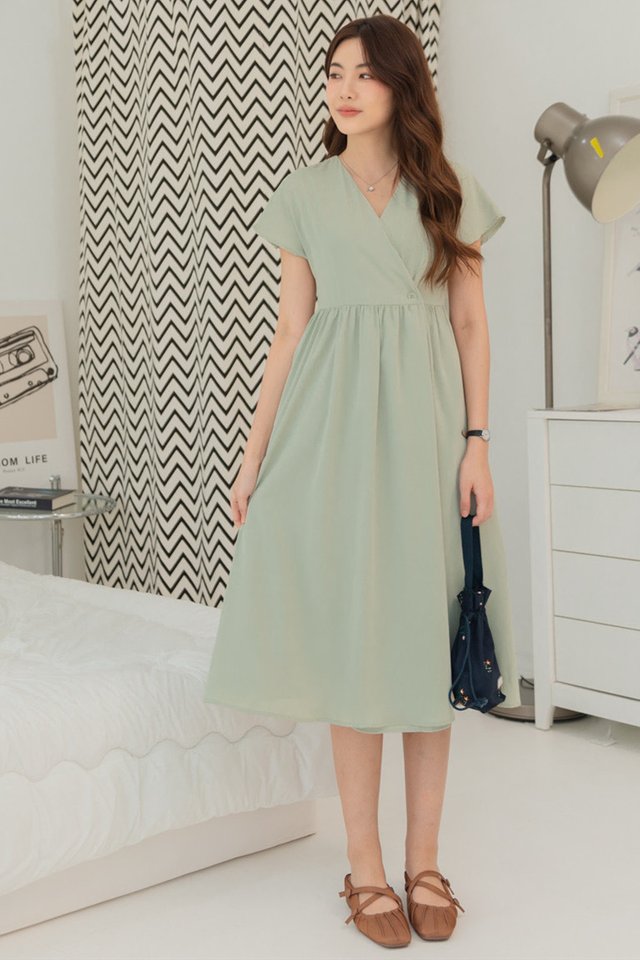 ACW Wrap Button Tab Midi Swing Dress in Seafoam