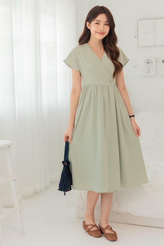 ACW Wrap Button Tab Midi Swing Dress in Seafoam