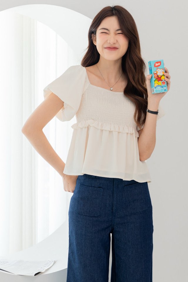 ACW Smock Puff Sleeve Babydoll Frill Top in Ivory