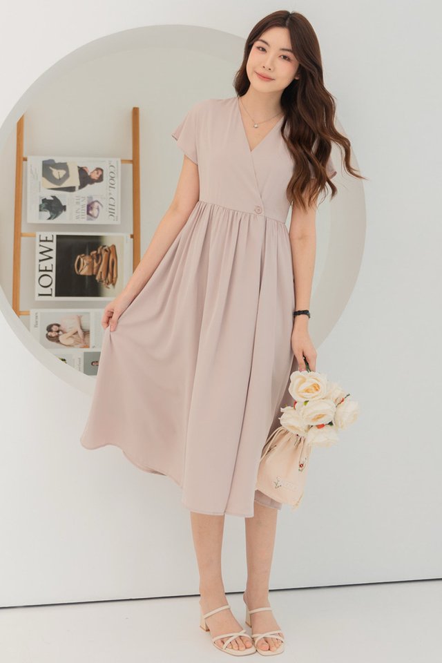 ACW Wrap Button Tab Midi Swing Dress in Taupe