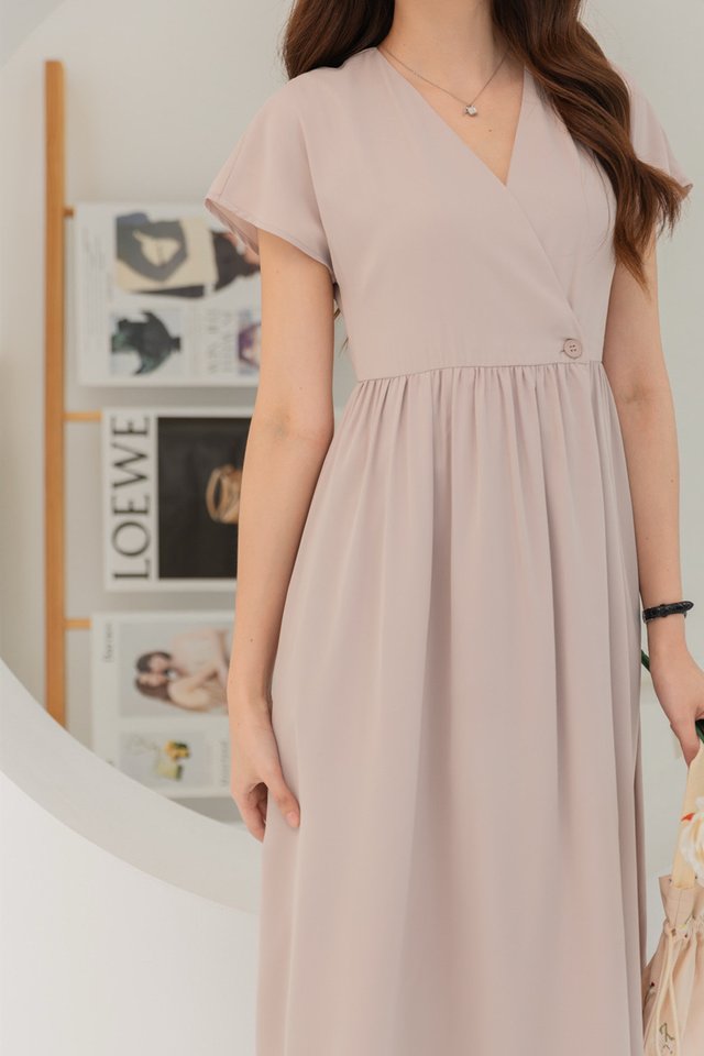 ACW Wrap Button Tab Midi Swing Dress in Taupe