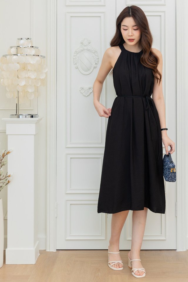 ACW Ruched High Neck Flowy Midi Dress in Black