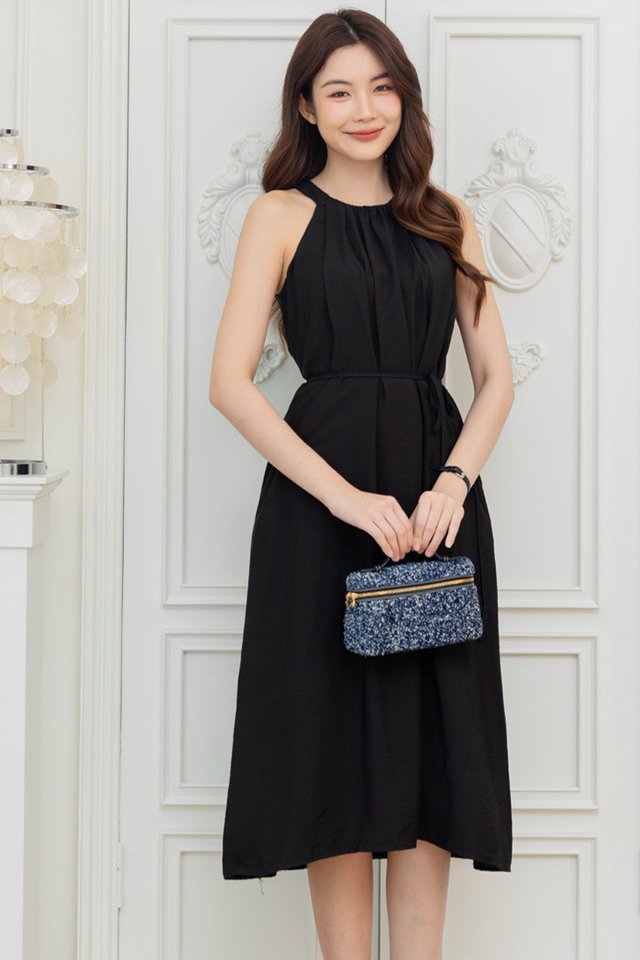 ACW Ruched High Neck Flowy Midi Dress in Black