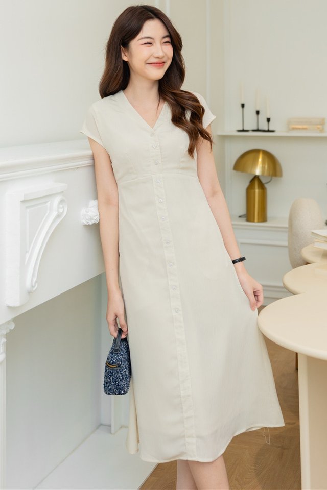 ACW Front Button Fitted Cap Sleeve Midi Dress in Ivory