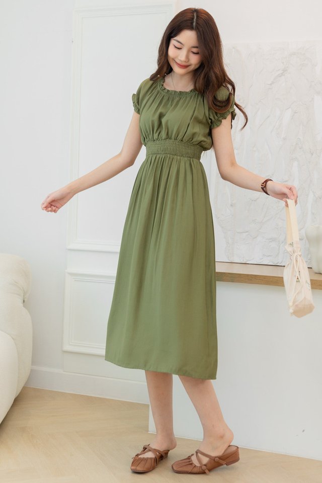 ACW Puff Sleeve Elastic Waist Midi Dress in Olive