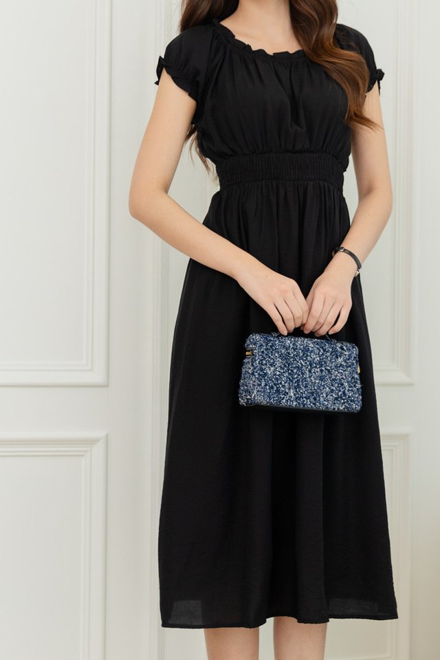 ACW Puff Sleeve Elastic Waist Midi Dress in Black