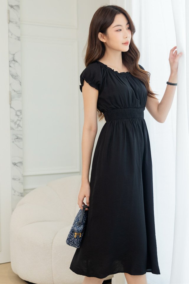 ACW Puff Sleeve Elastic Waist Midi Dress in Black