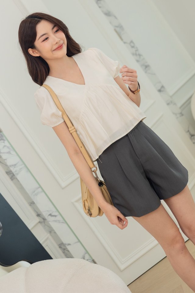 ACW Inverted V Neck Puff Sleeve Babydoll Top in Ivory