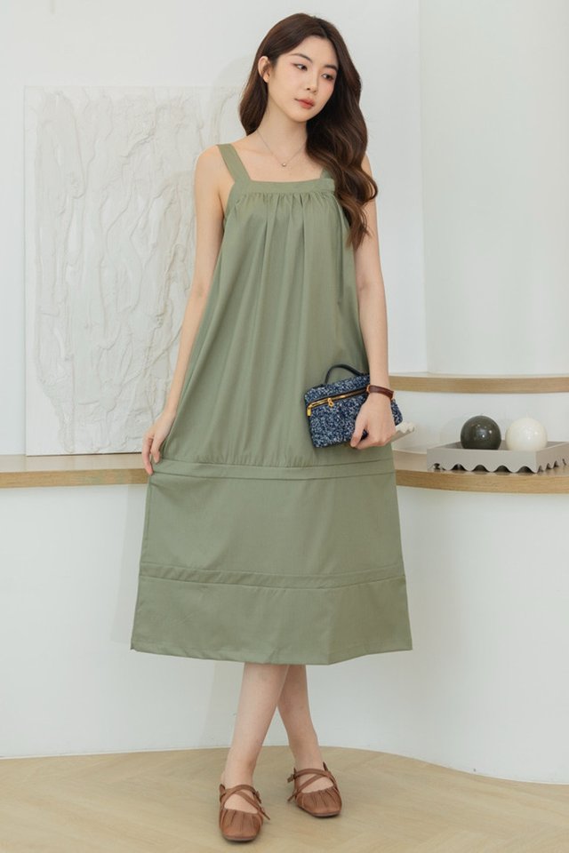 ACW Double Tier Hem Thick Strap Midi Dress in Olive